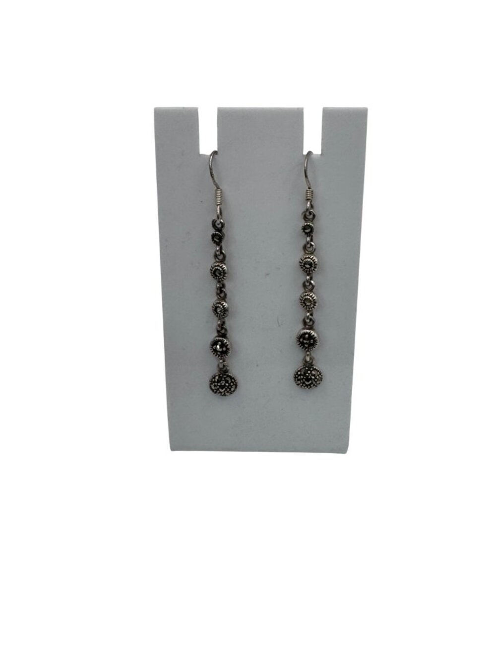 Vintage Art Deco 2" Sterling Silver Marcasite Drop Dangle Earrings 2" Signed MC